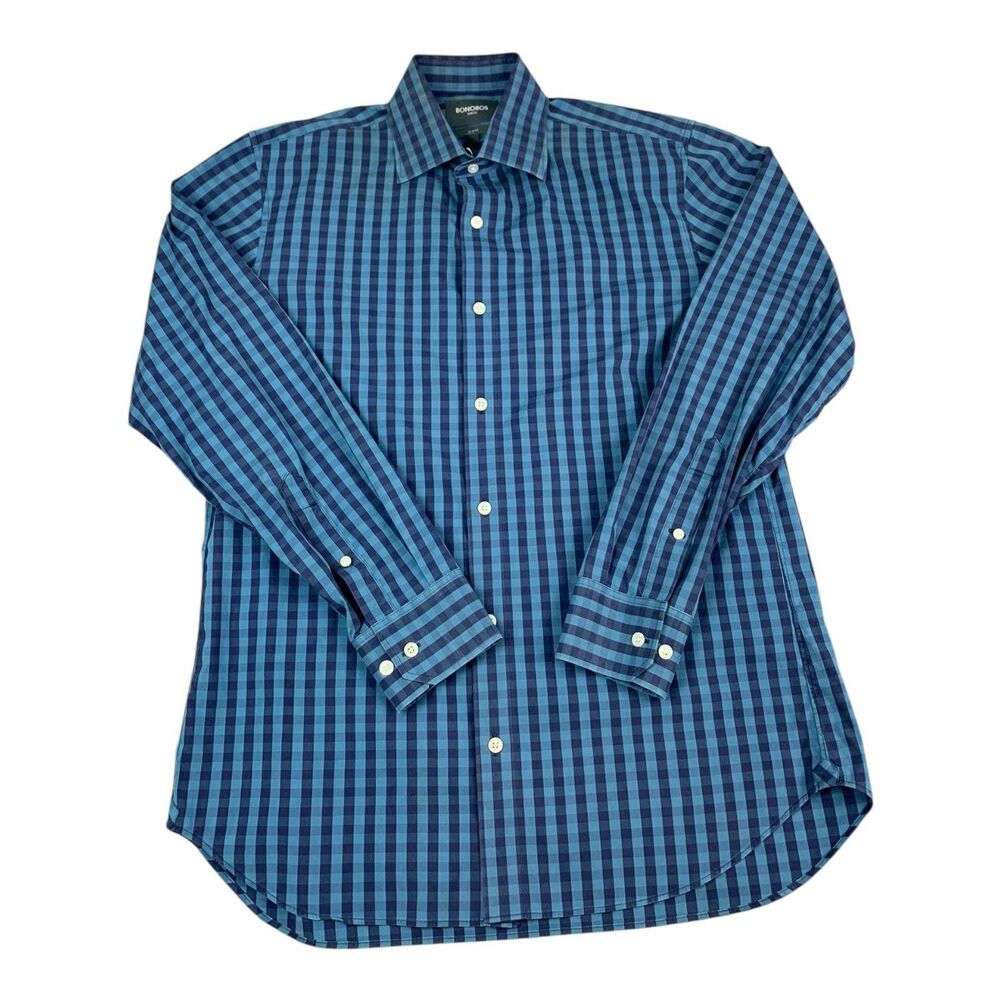 Bonobos Mens  16/34 Long Sleeve Button Down Shirt Stretch Slim Fit Blue Check